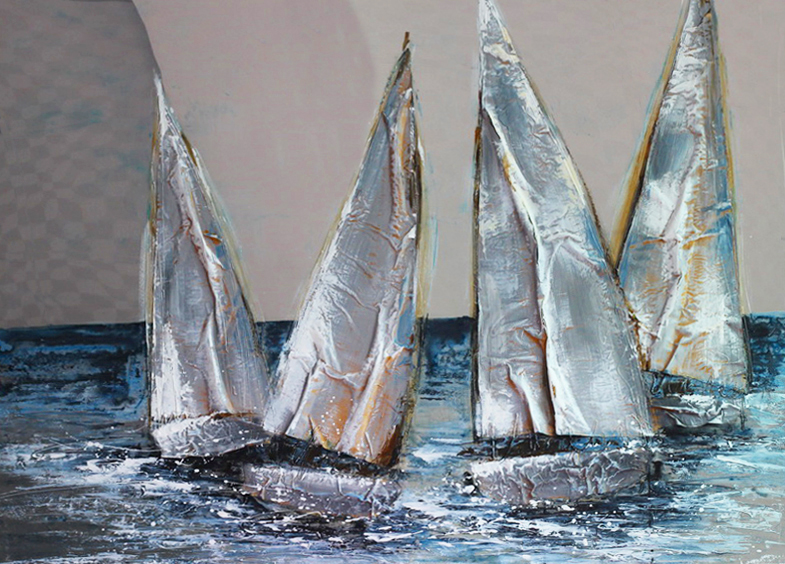 HA125 Wall décor art oil on canvas natical sailboats silver blue tones